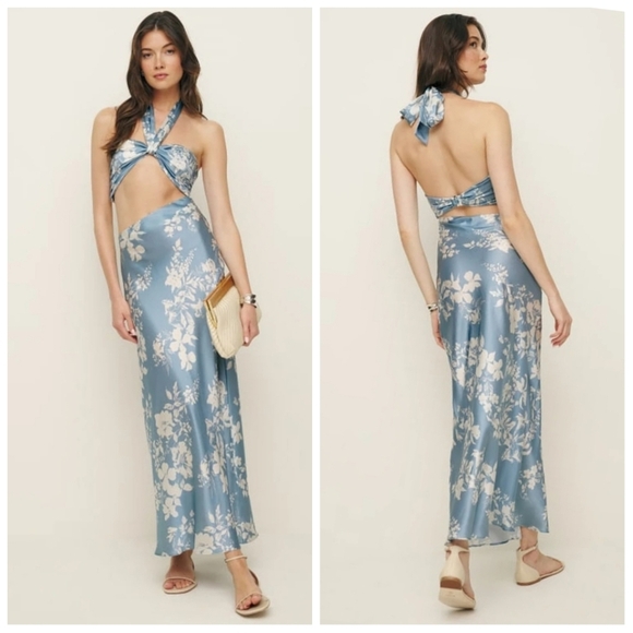 NWT Reformation Vivi Silk Bandeau Maxi Dress Aliso Blue Floral 12 - Picture 1 of 10